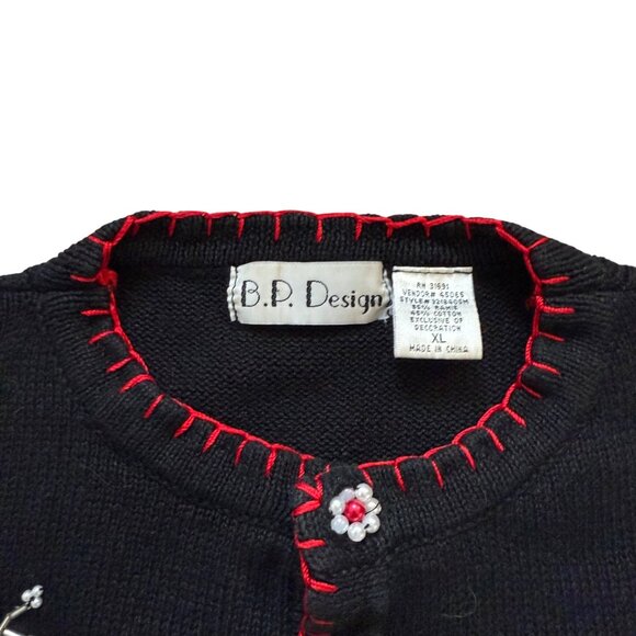 Vintage B.P. Design Christmas Sweater Cardigan Large Black With Embroidered Sled - Picture 2 of 9